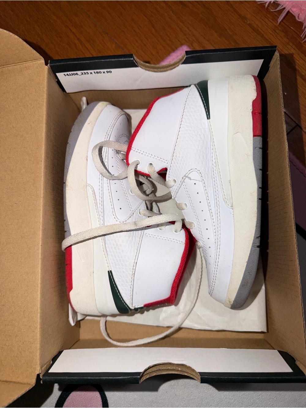 Jordan Kids' White Sneakers with Red & Dark Green Accents